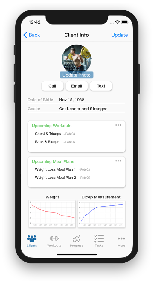 Personal Trainer Custom Branded App Screens highlighting features of custom fitness app. Phone Images showing how a custom branded fitness app for personal trainers can strengthen your brand, add professionalism and add a personalized feel all for an affordable cost