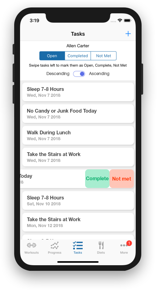 Track Fitness Clients Goals and Tasks On Mobile Device Mobile device showing fitness clients Tasks and Goals so that the personal trainer can track completion.