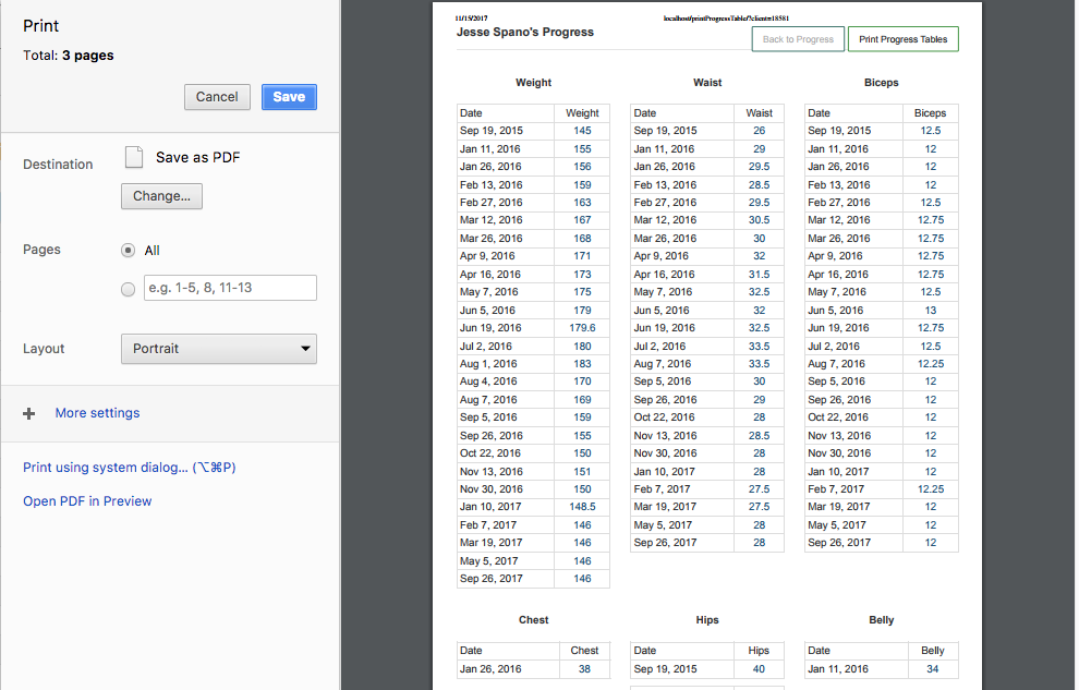 Printing Fitness Progress Graphs data in table form.