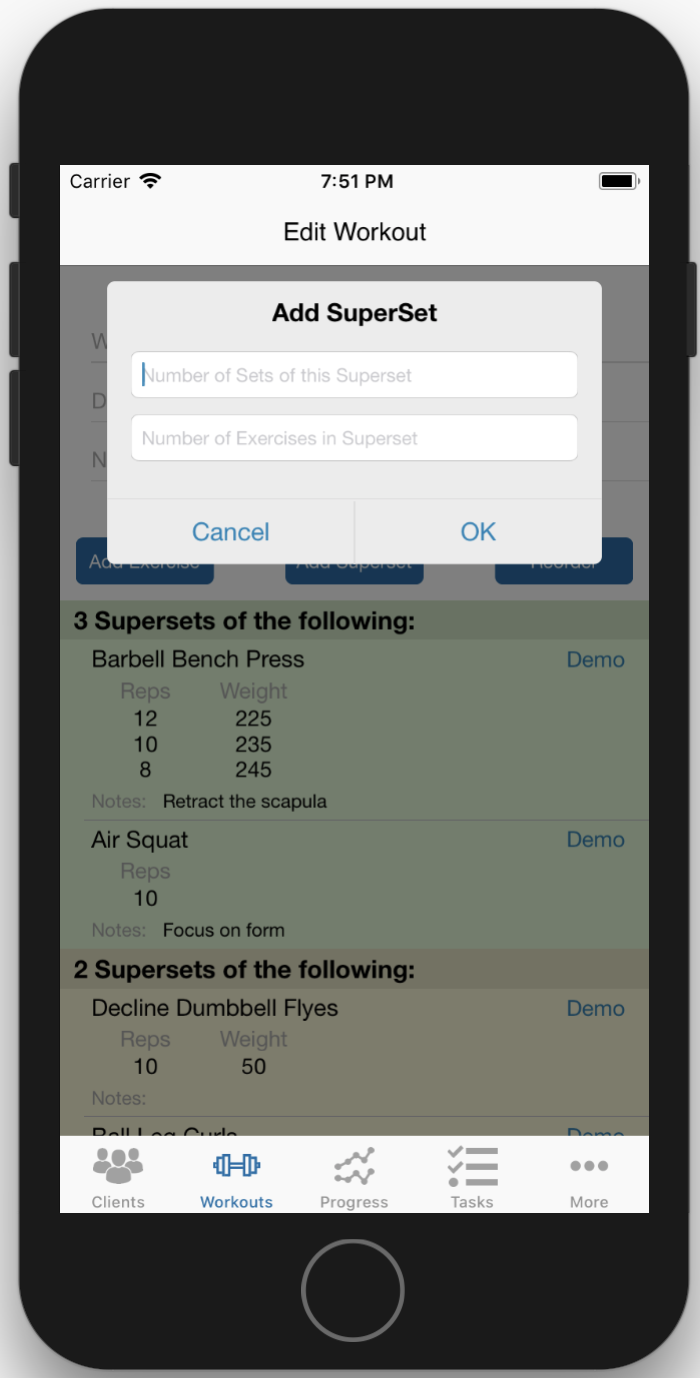 Create Superset Workouts On Phone - Add the number of sets and exercises.