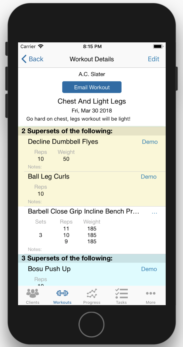 After you click update, this is what the supersets will look like in the Workout Details screen.