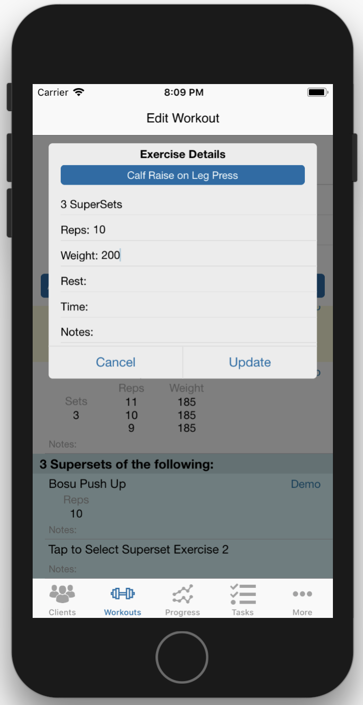 Specifying Superset Exercise Details