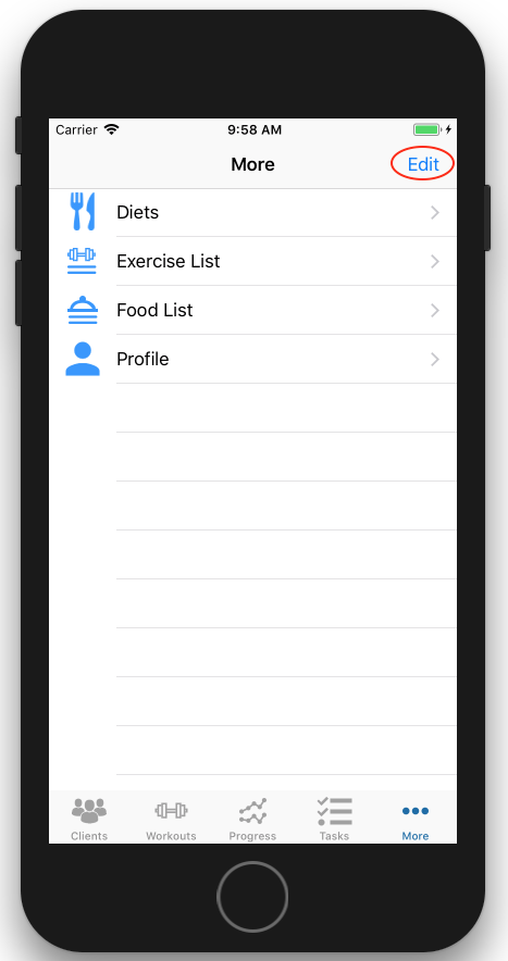 Click the Edit button to create a Customized Workout, Progress, Diet, Task Menu