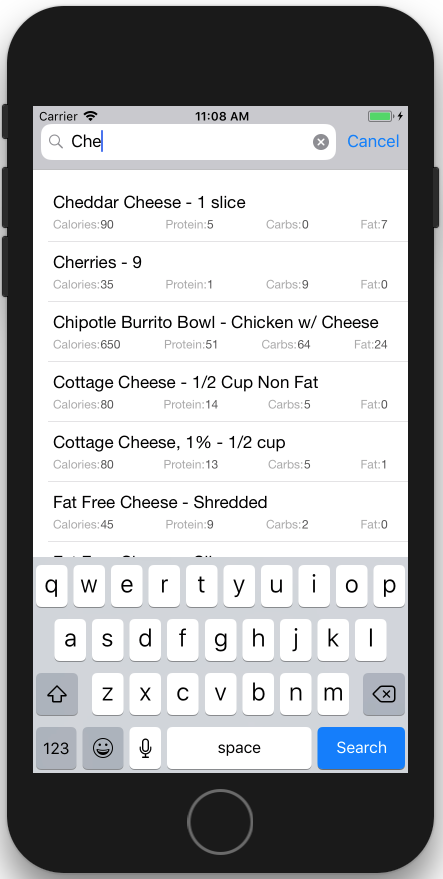 Searchable Food List Display