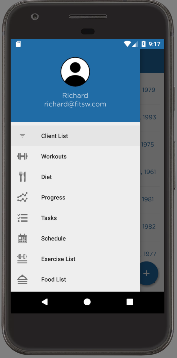 Personal Trainer Software Android App Menu
