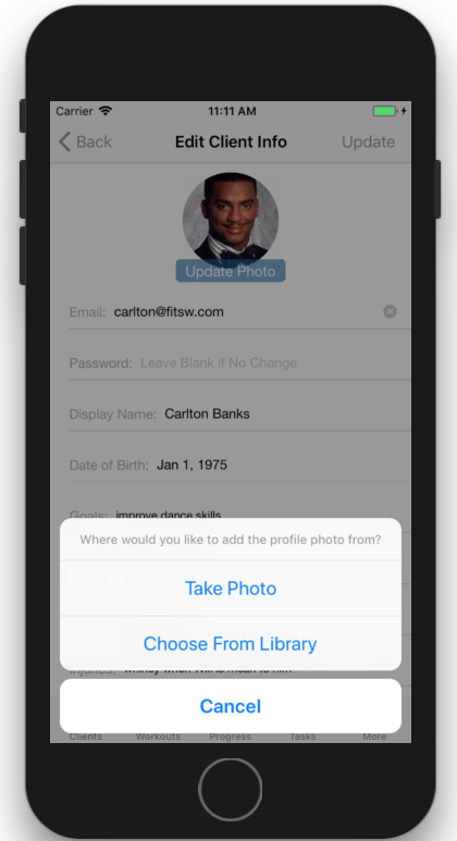 Adding Profile Pictures for Personal Training Clients in iOS as a personal trainer.
