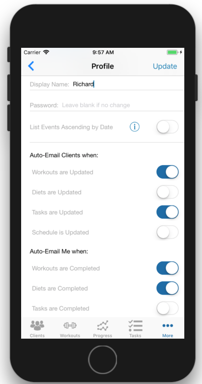 Automatically Email Personal Training Clients Profile Screen