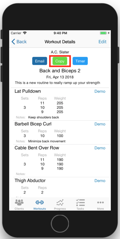 Copying Workouts for Personal Training Client Copy Button