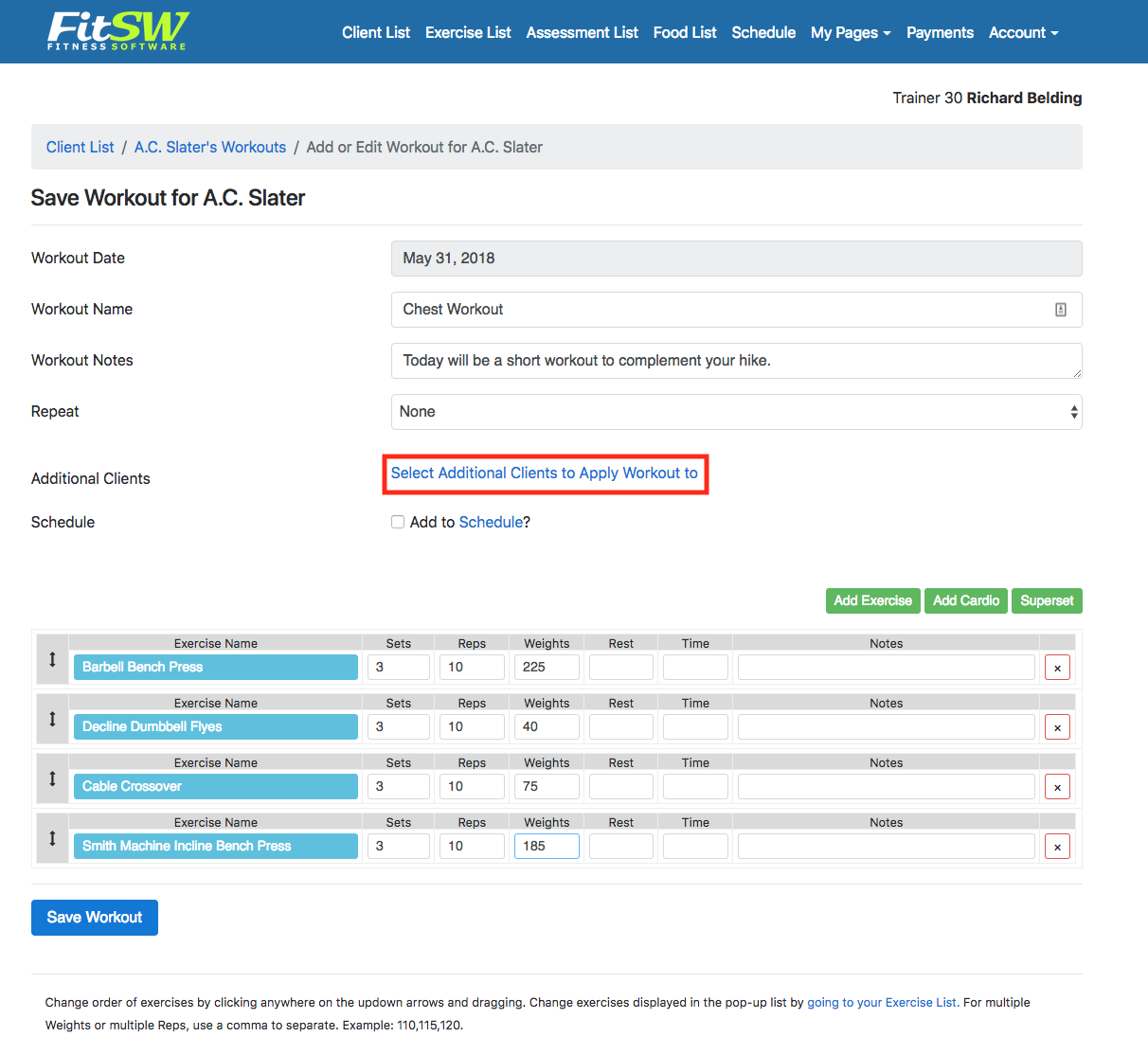 Create Workouts for Multiple Personal Training Clients Click Additional Client Field