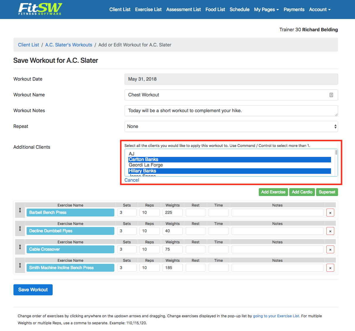 Create Workouts for Multiple Personal Training Clients Click Select Multiple Clients