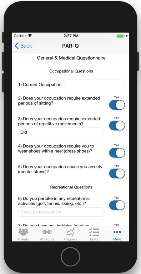 PARQ iOS App General and Medical Questionnaire Section
