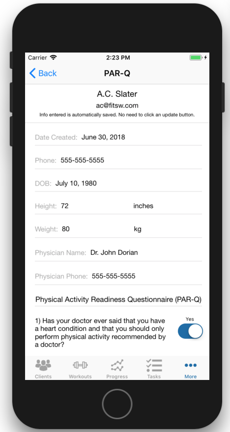 PAR-Q iOS App Viewing Editing Physical Activity Readiness Questionnaire
