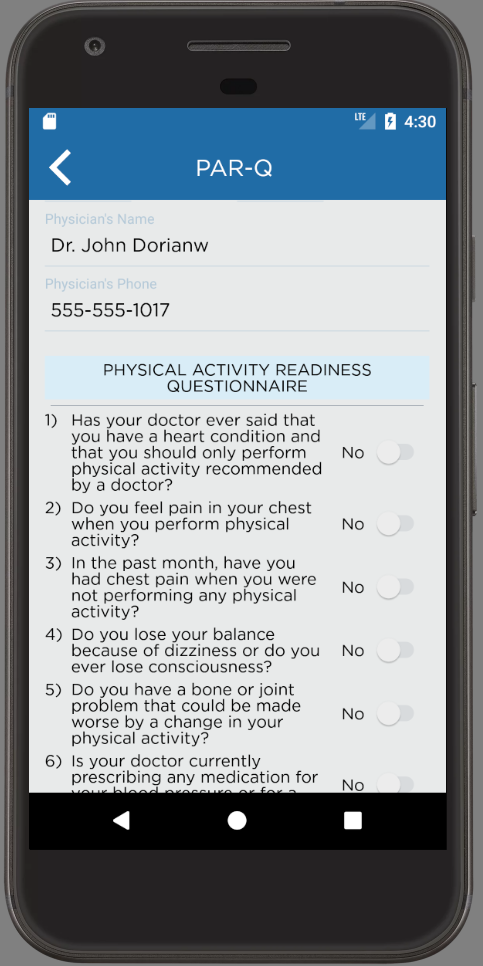 PAR-Q Android App Physical Activity Readiness Questionnaire Fillout Form