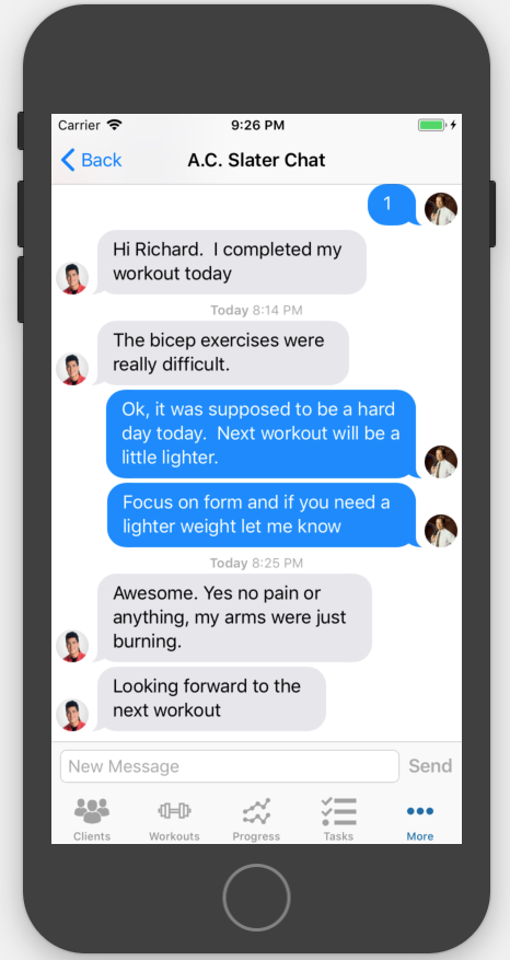 Personal Trainer Client Messaging in iOS and Android Apps Chat Screen