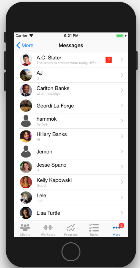 Personal Trainer Client Messaging in iOS and Android Apps Client LIst