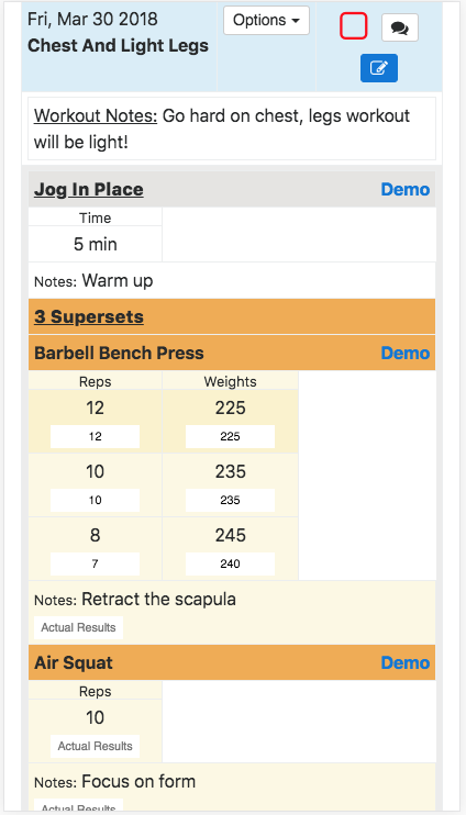 Client Workout Results Tracking Mobile View