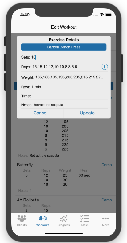 Personal Trainer Workout Creator Multiple Reps Weights Entry