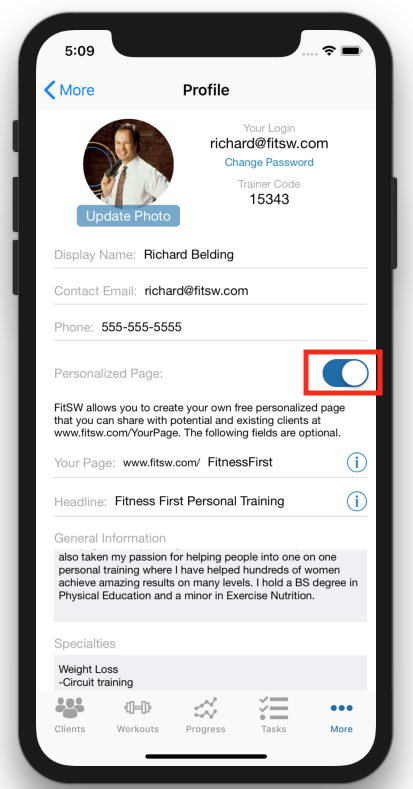Personalized Personal Trainer Web page Activation Switch