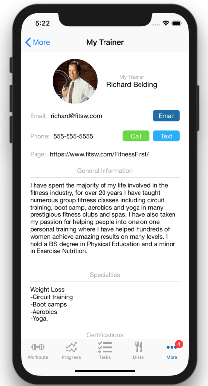Personalized Personal Trainer Web page Client View