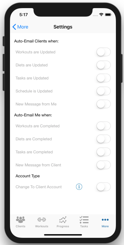 Personalized Personal Trainer Web Page Settings Page