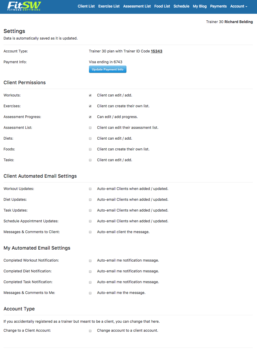 Personal Trainer Profile Page Settings Page