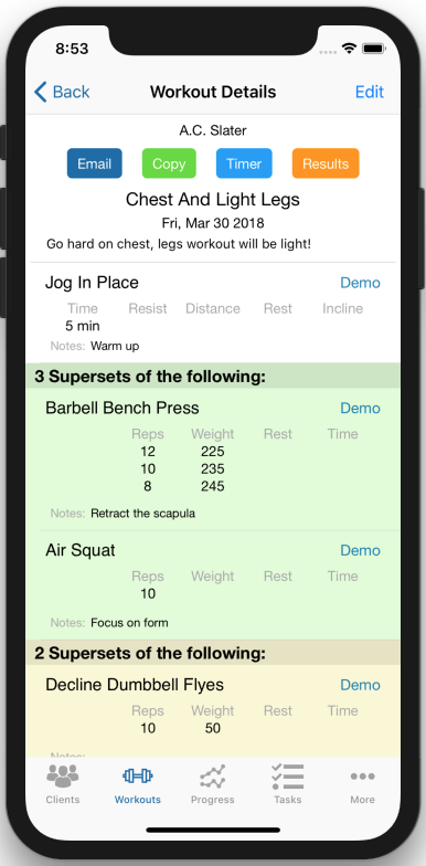 Tracking Client workout Results workout details page
