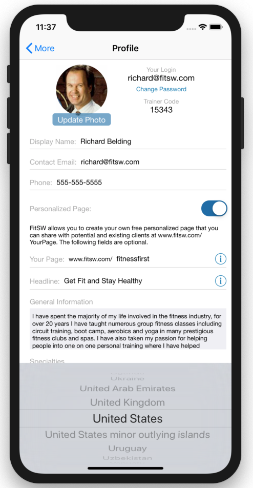 Personal Trainer Custom Web Page Updates Select Country Mobile