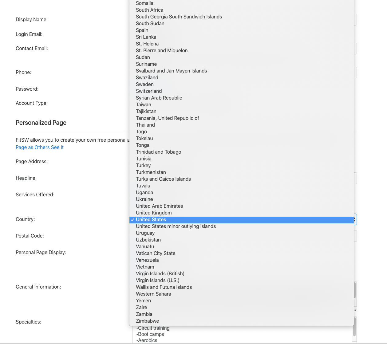 Personal Trainer Custom Web Page Updates Select Country Web