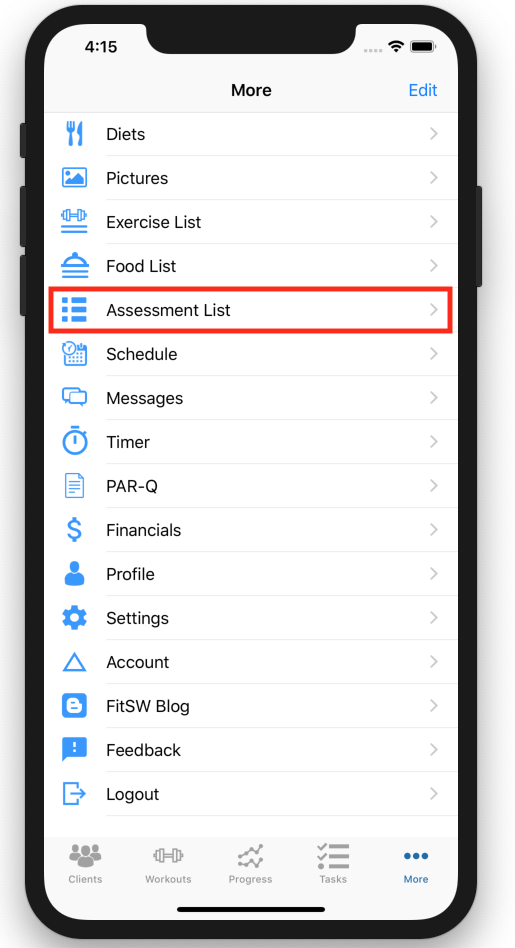 Tracking Fitness Client Progress Assessment Updates Assessment Menu Item