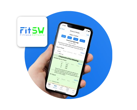 Image of a hand holding a phone with the FitSW app running to resemble virtual training